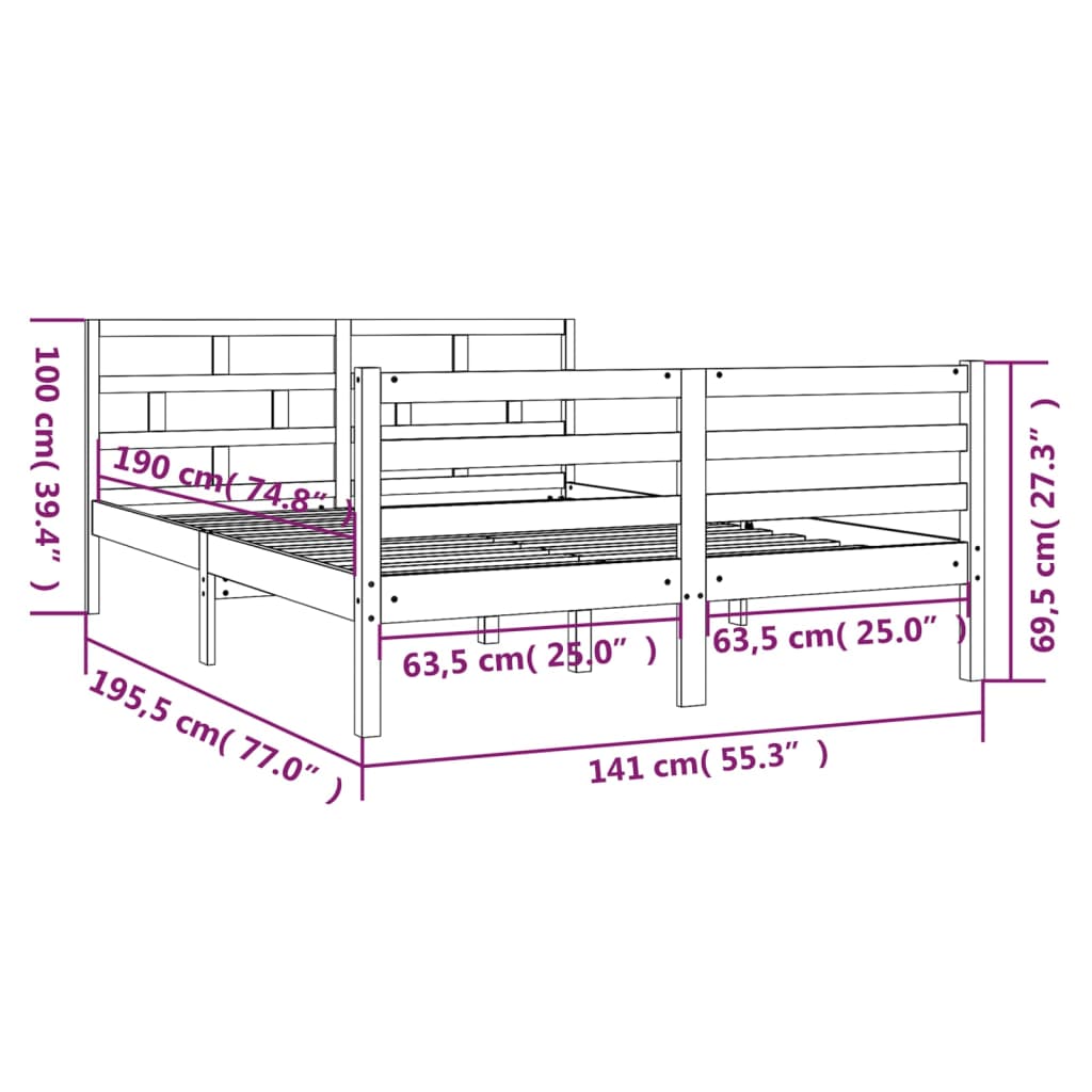 vidaXL Sengeramme grå 135x190 cm Double heltre