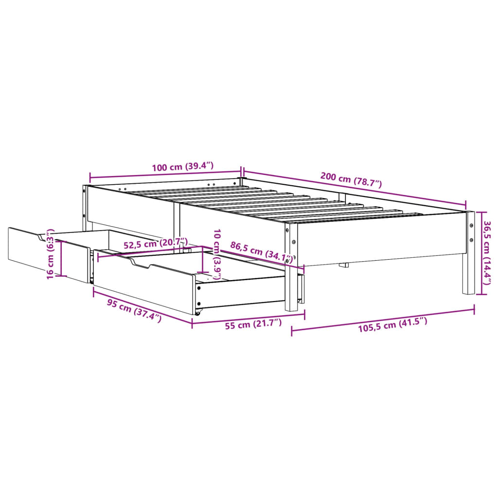 vidaXL Sengeramme uten madrass hvit 100x200 cm heltre furu