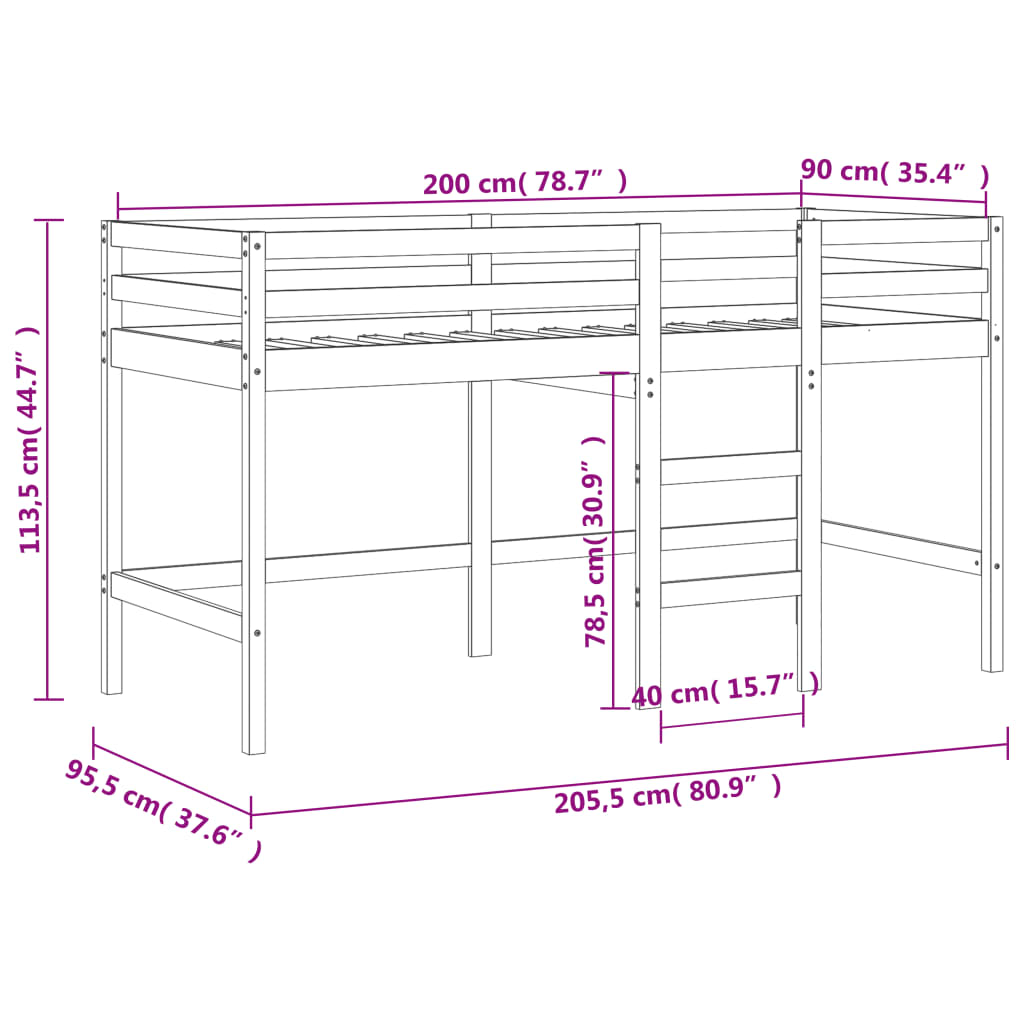 vidaXL Køyeseng for barn med stige hvit 90x200 cm heltre furu