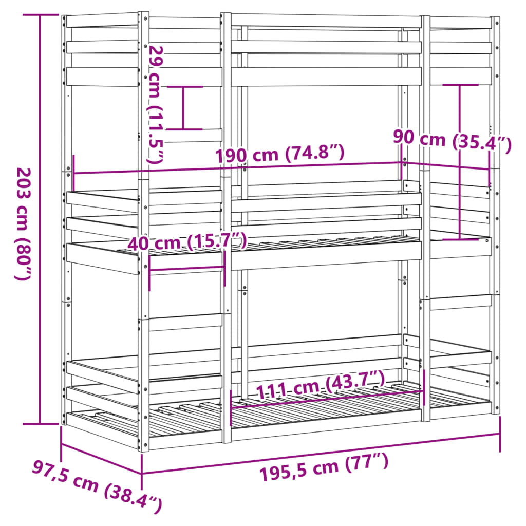 vidaXL Trippel køyeseng 90x190 cm heltre furu