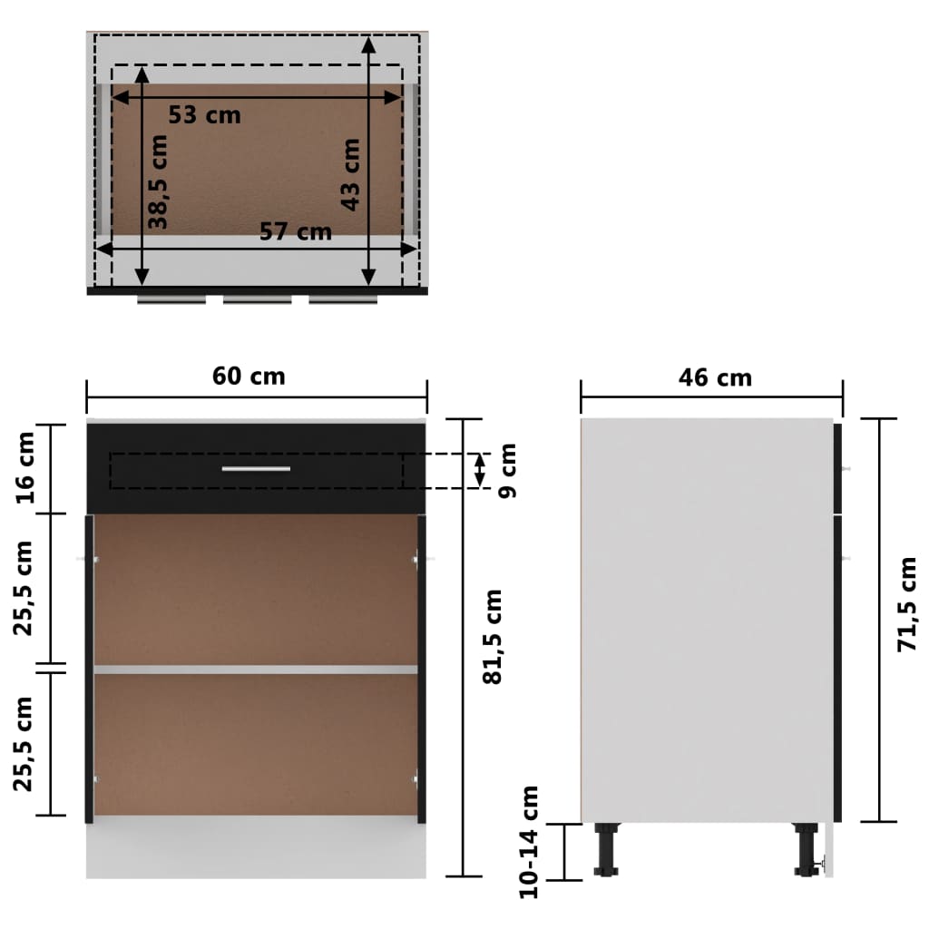 vidaXL Bunnskap med skuff svart 60x46x81,5 cm konstruert tre