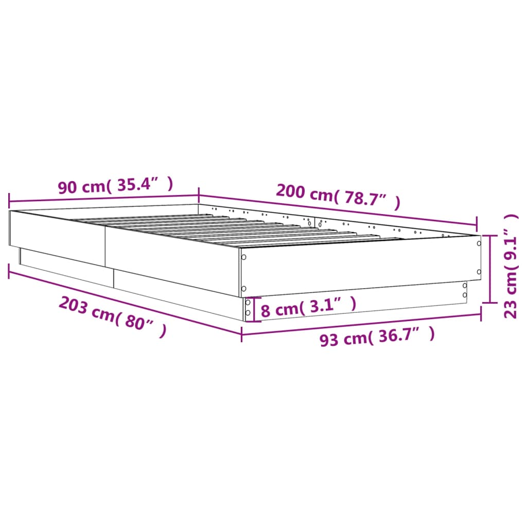 vidaXL Sengeramme med LED-lys hvit 90x200 cm