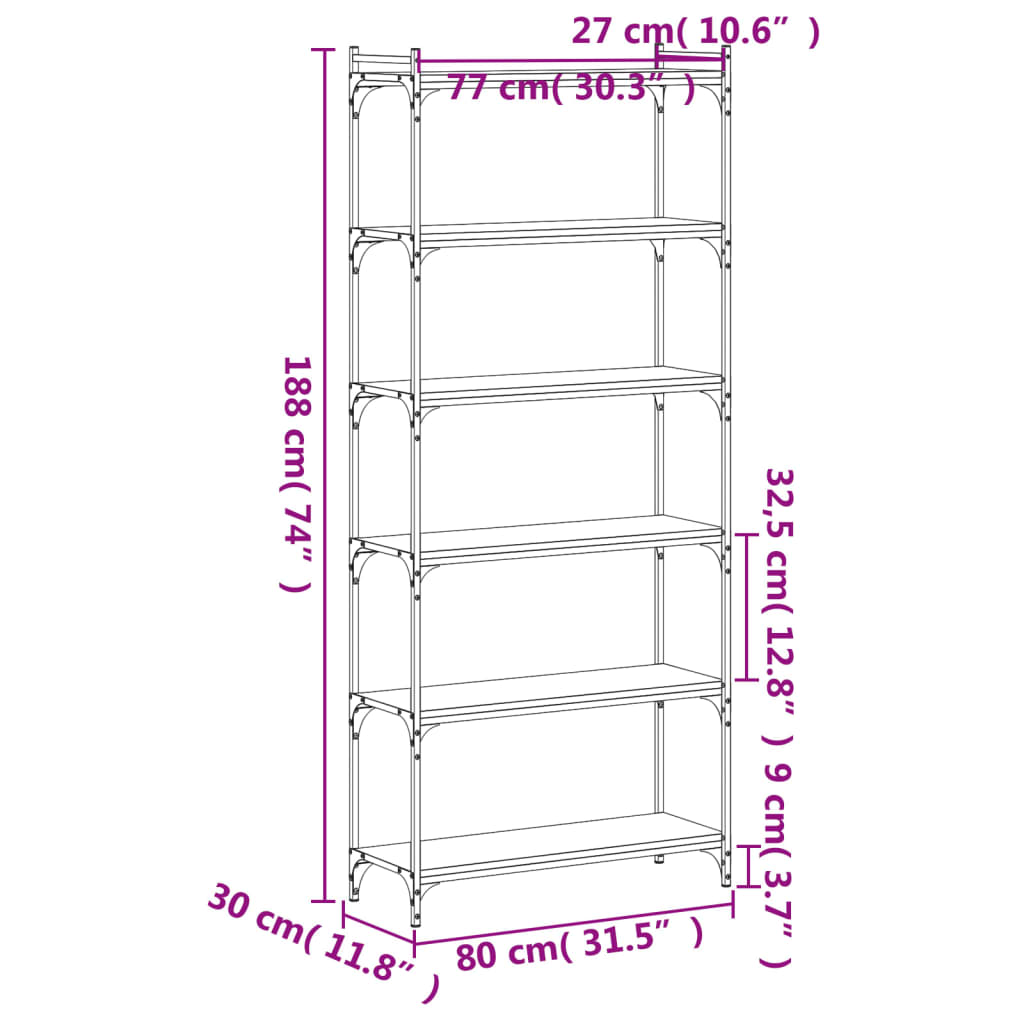 vidaXL Bokhylle 6 etasjer røkt eik 80x30x188 cm konstruert tre