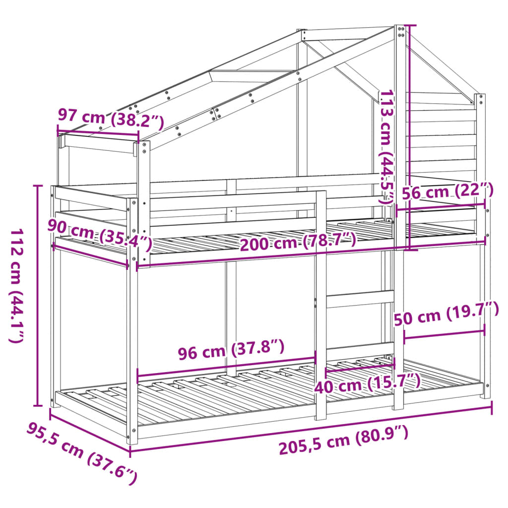 vidaXL Køyeseng med tak voksbrun 90x200 cm heltre furu