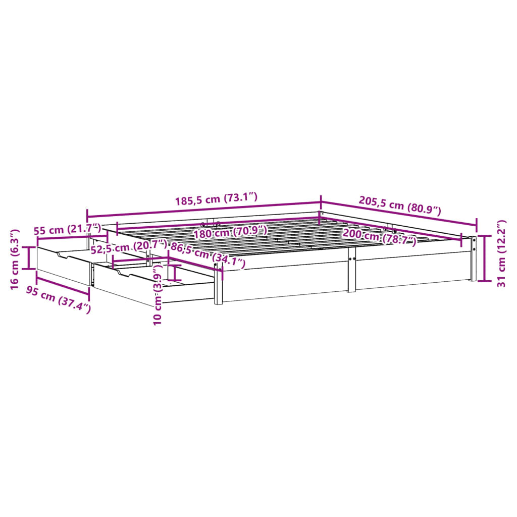 vidaXL Sengeramme uten madrass hvit 180x200 cm heltre furu