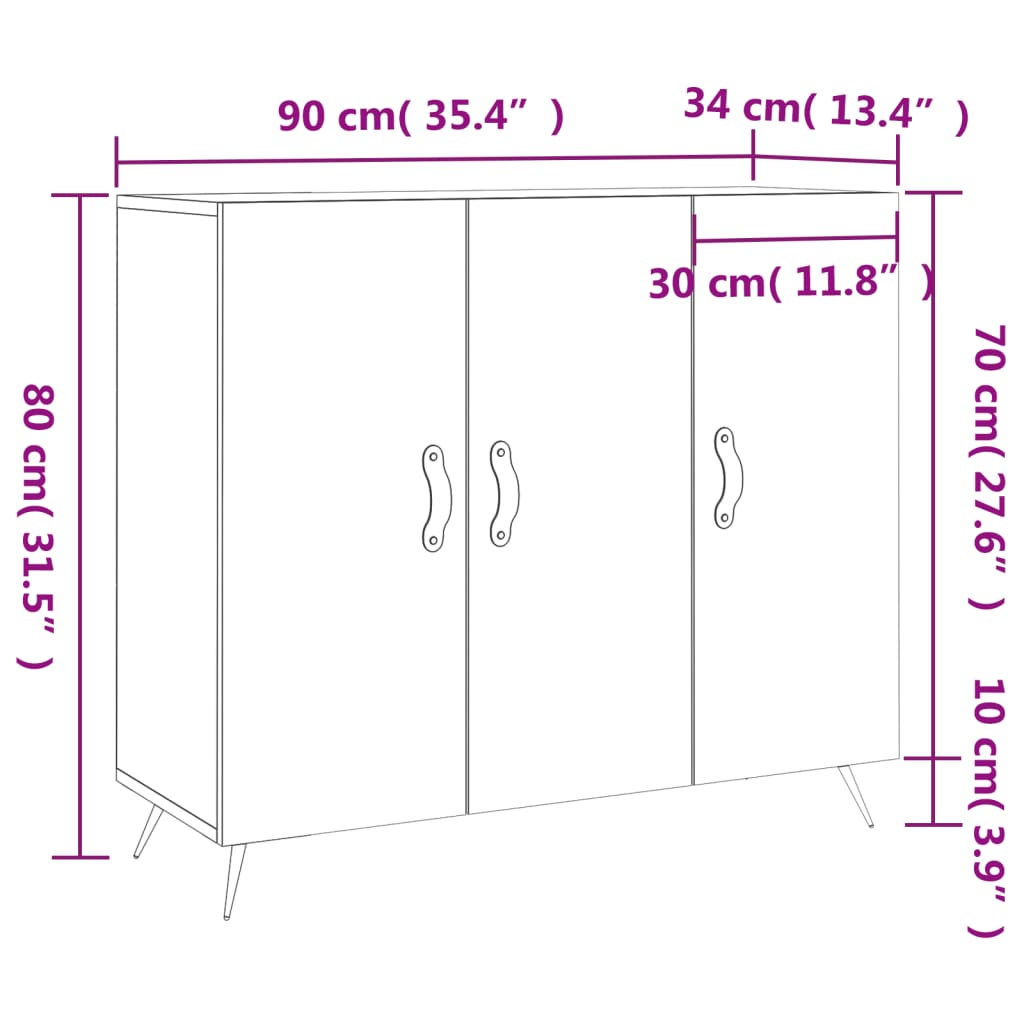 vidaXL Skjenk høyglans hvit 90x34x80 cm konstruert tre