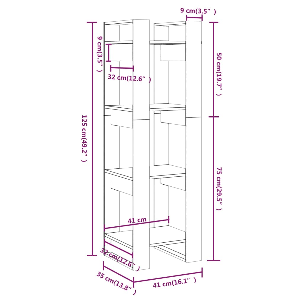 vidaXL Bokhylle/romdeler hvit 41x35x125 cm heltre furu