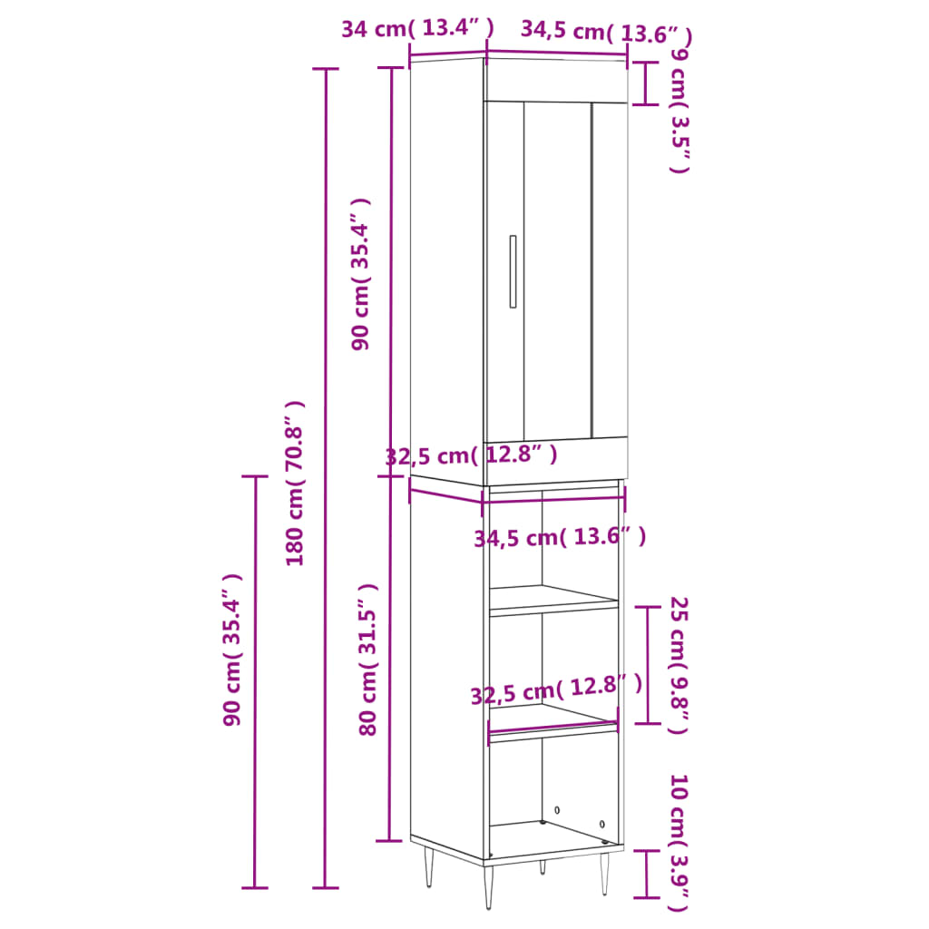 vidaXL Highboard røkt eik 34,5x34x180 cm konstruert tre
