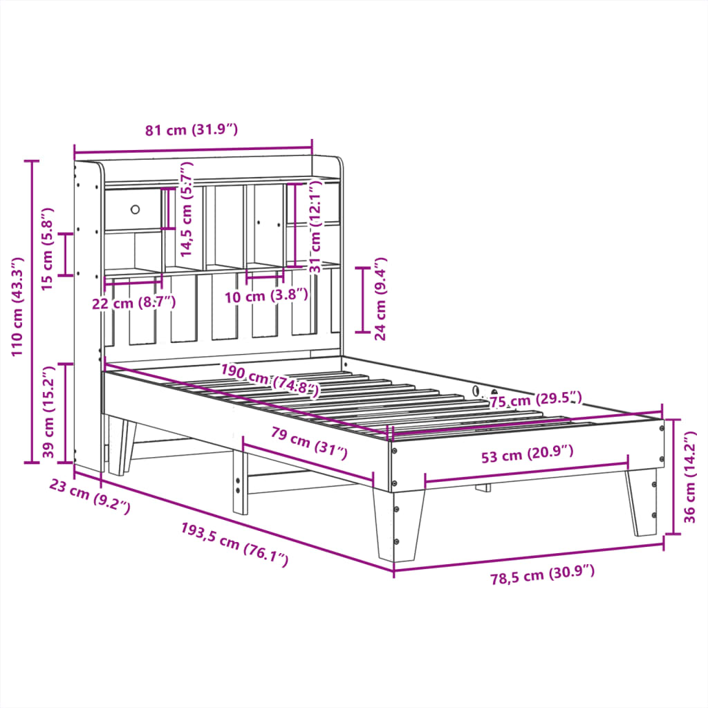 vidaXL Sengeramme uten madrass voksbrun 75x190 cm heltre furu