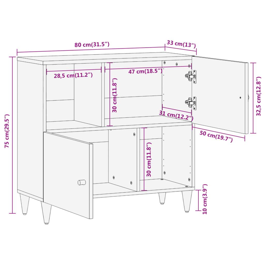 vidaXL Sideskap 80x33x75 cm heltre mango