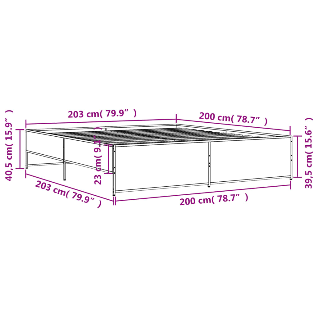 vidaXL Sengeramme grå sonoma 200x200 cm konstruert tre og metall