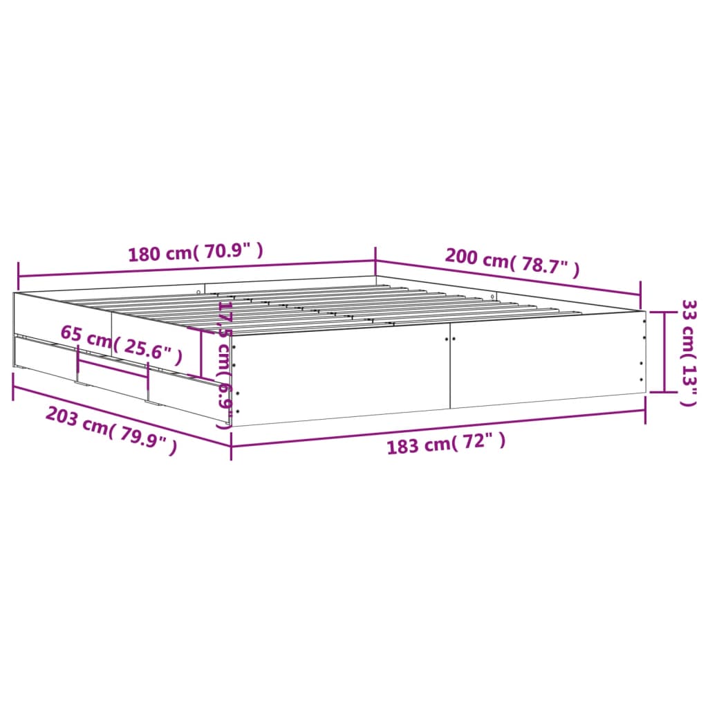 vidaXL Sengeramme med skuffer sonoma eik 180x200 cm konstruert tre