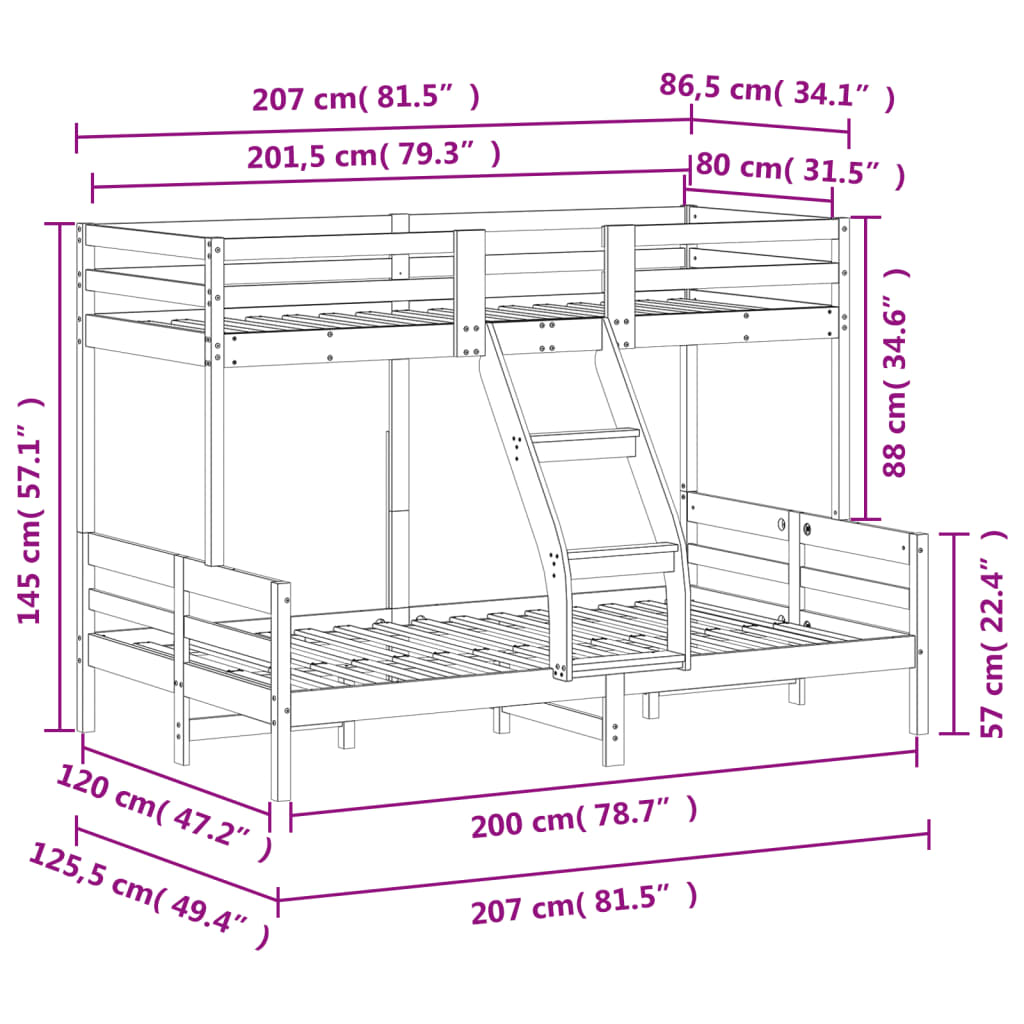 vidaXL Køyeseng 80x200/120x200 cm hvit heltre furu