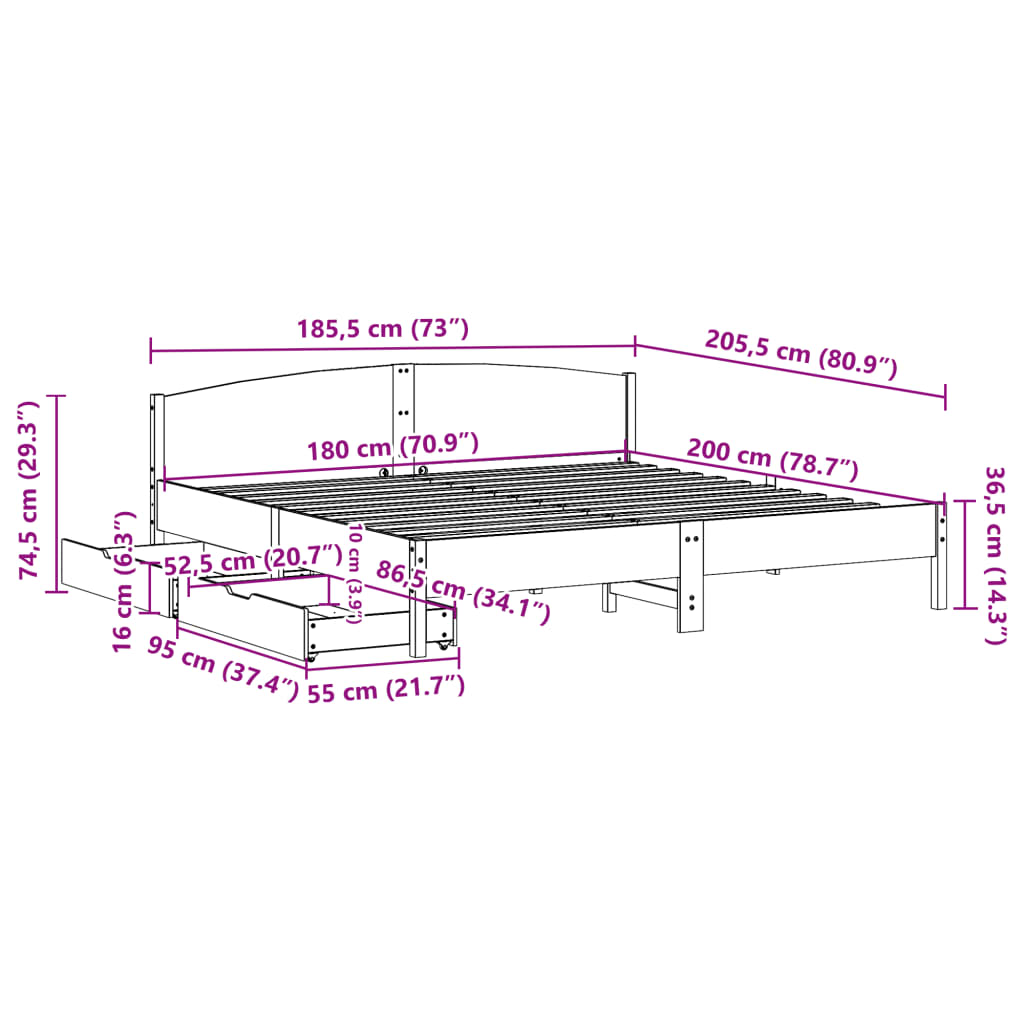 vidaXL Sengeramme uten madrass 180x200 cm heltre furu