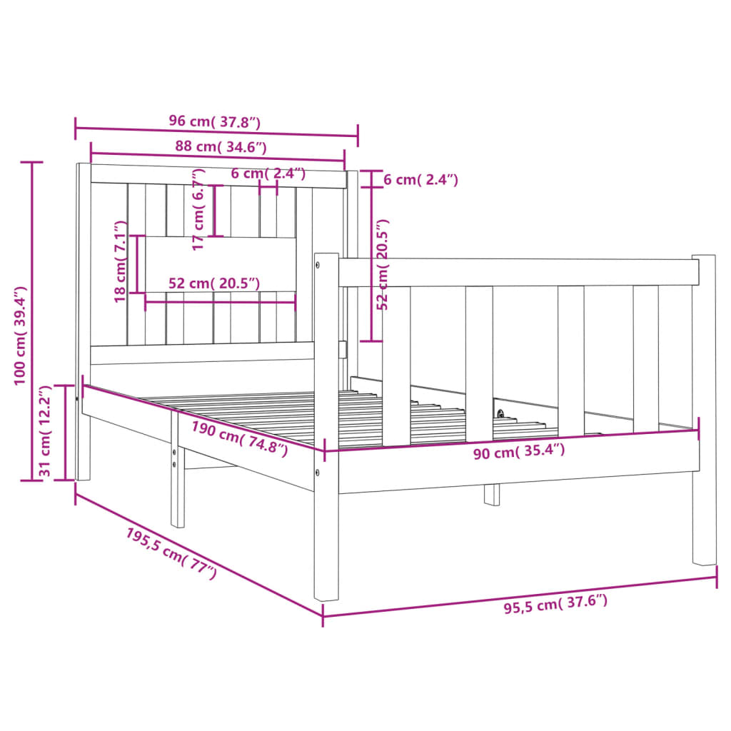 vidaXL Sengeramme hvit heltre 90x190 cm 3FT Single