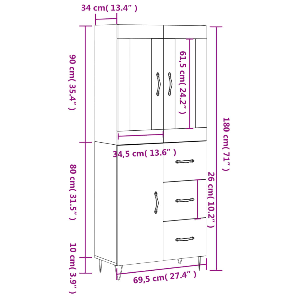 vidaXL Highboard grå sonoma 69,5x34x180 cm konstruert tre