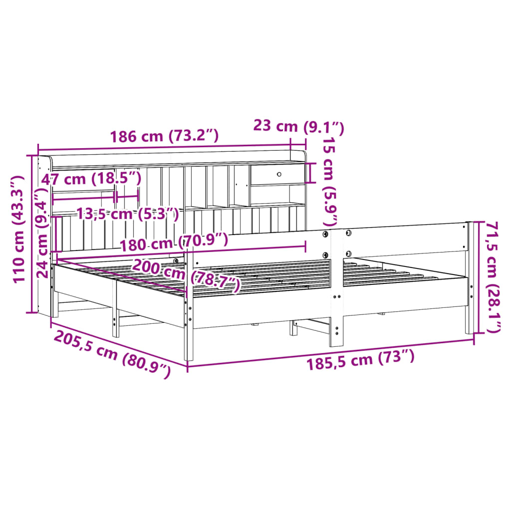 vidaXL Seng med bokhylle uten madrass hvit 180x200 cm heltre furu