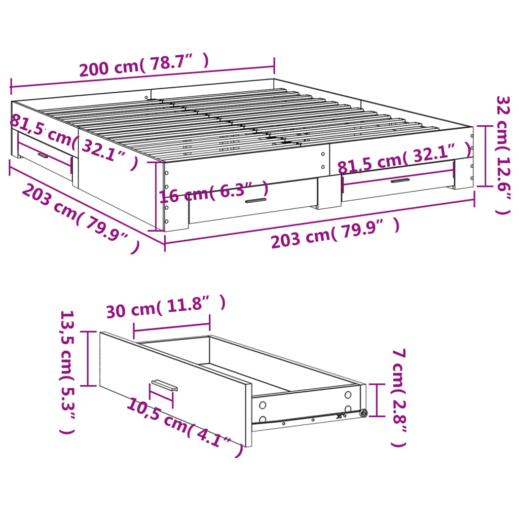 vidaXL Sengeramme med skuffer røkt eik 200x200 cm konstruert tre