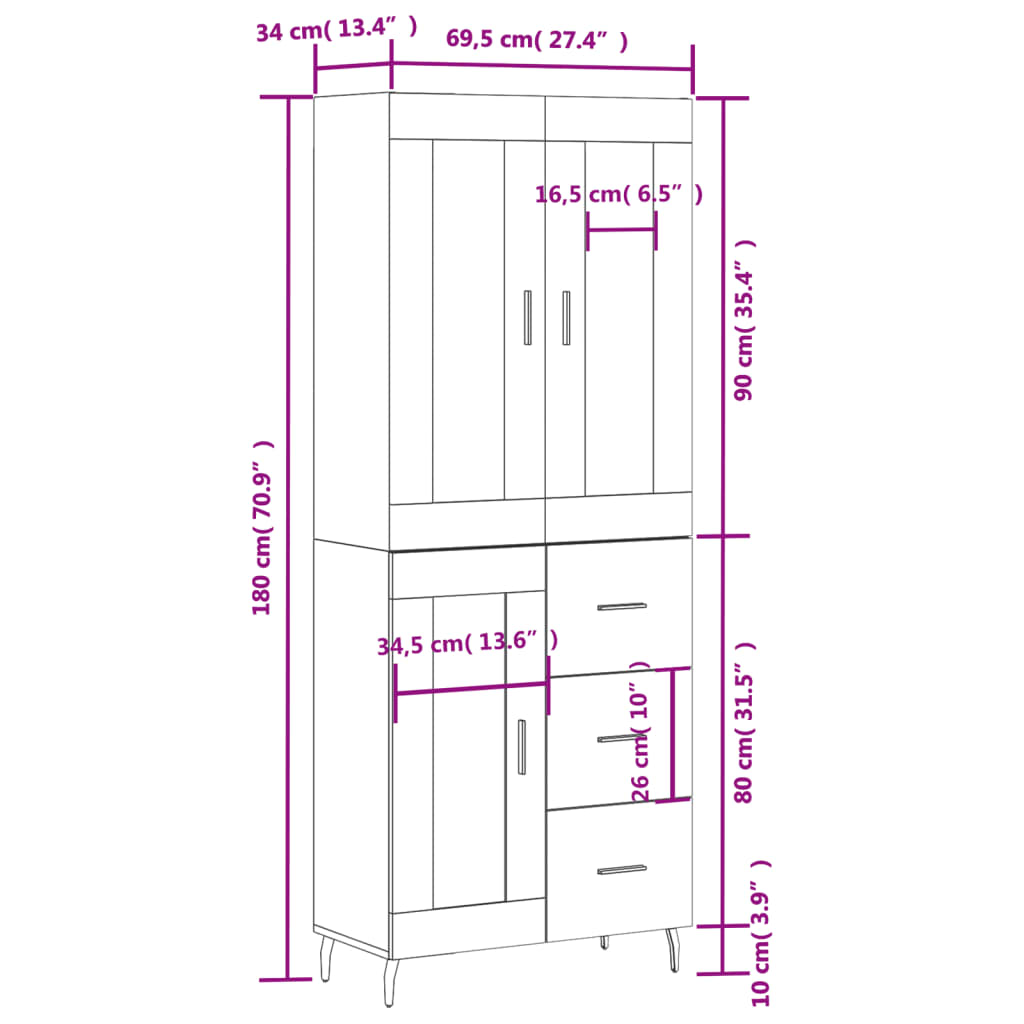 vidaXL Highboard brun eik 69,5x34x180 cm konstruert tre