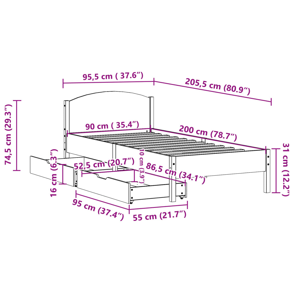 vidaXL Sengeramme uten madrass hvit 90x200 cm heltre furu