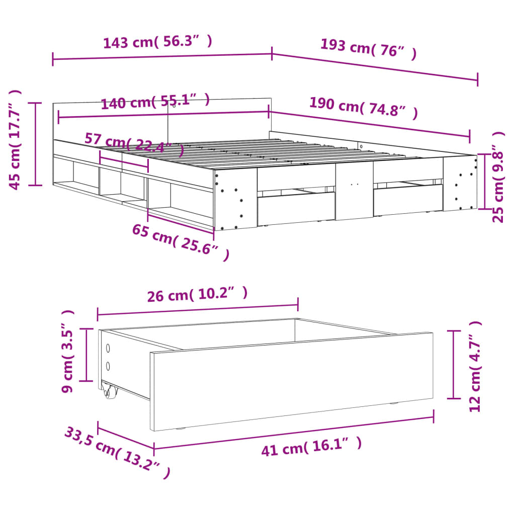 vidaXL Sengeramme med skuffer betonggrå 140x190 cm konstruert tre