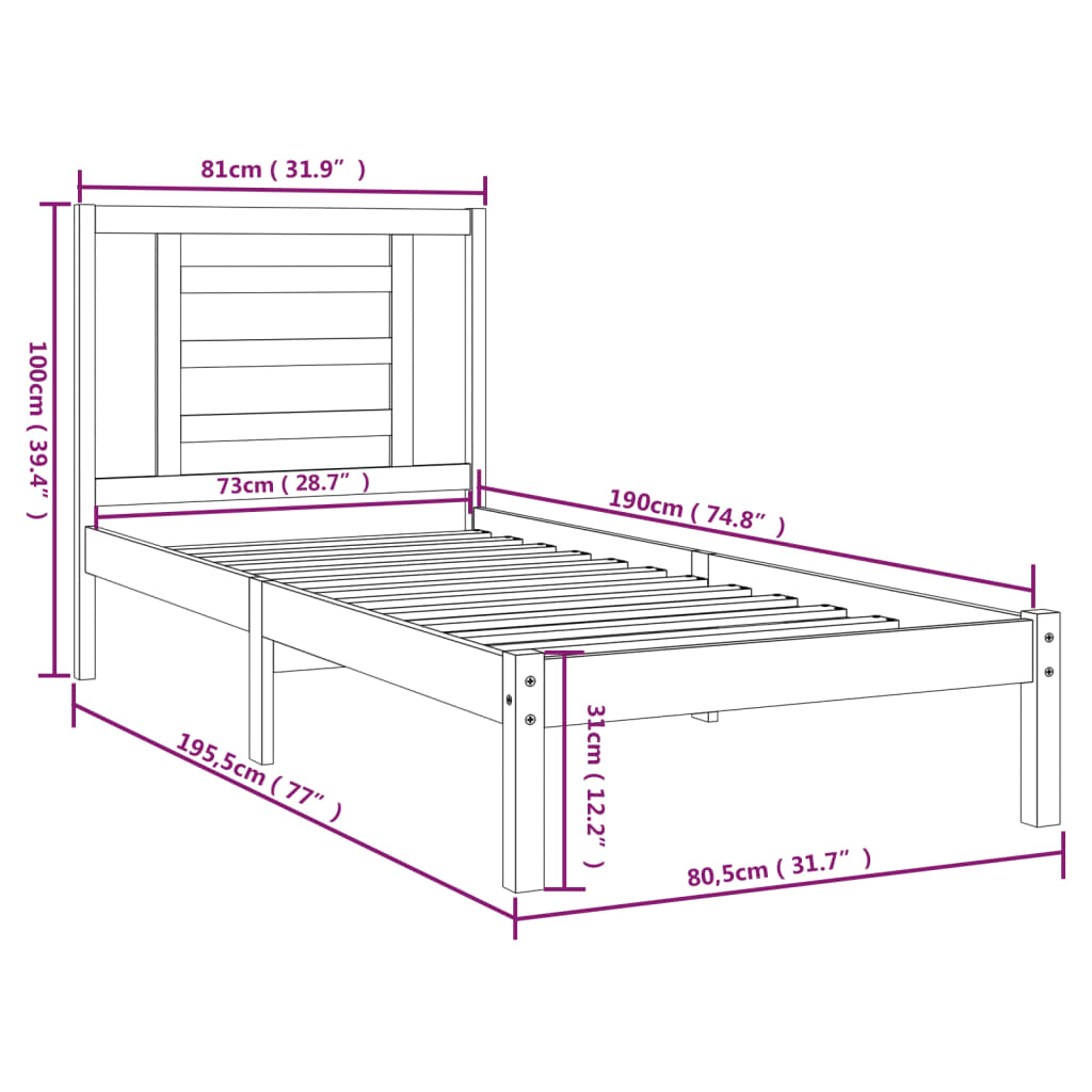 vidaXL Sengeramme hvit heltre 75x190 cm Small Single