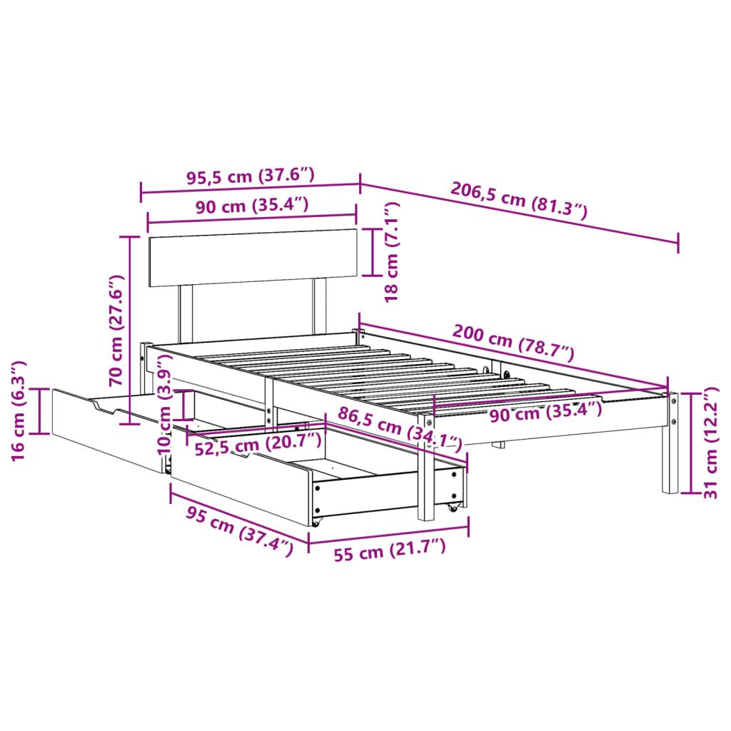 vidaXL Sengeramme uten madrass hvit 90x200 cm heltre furu