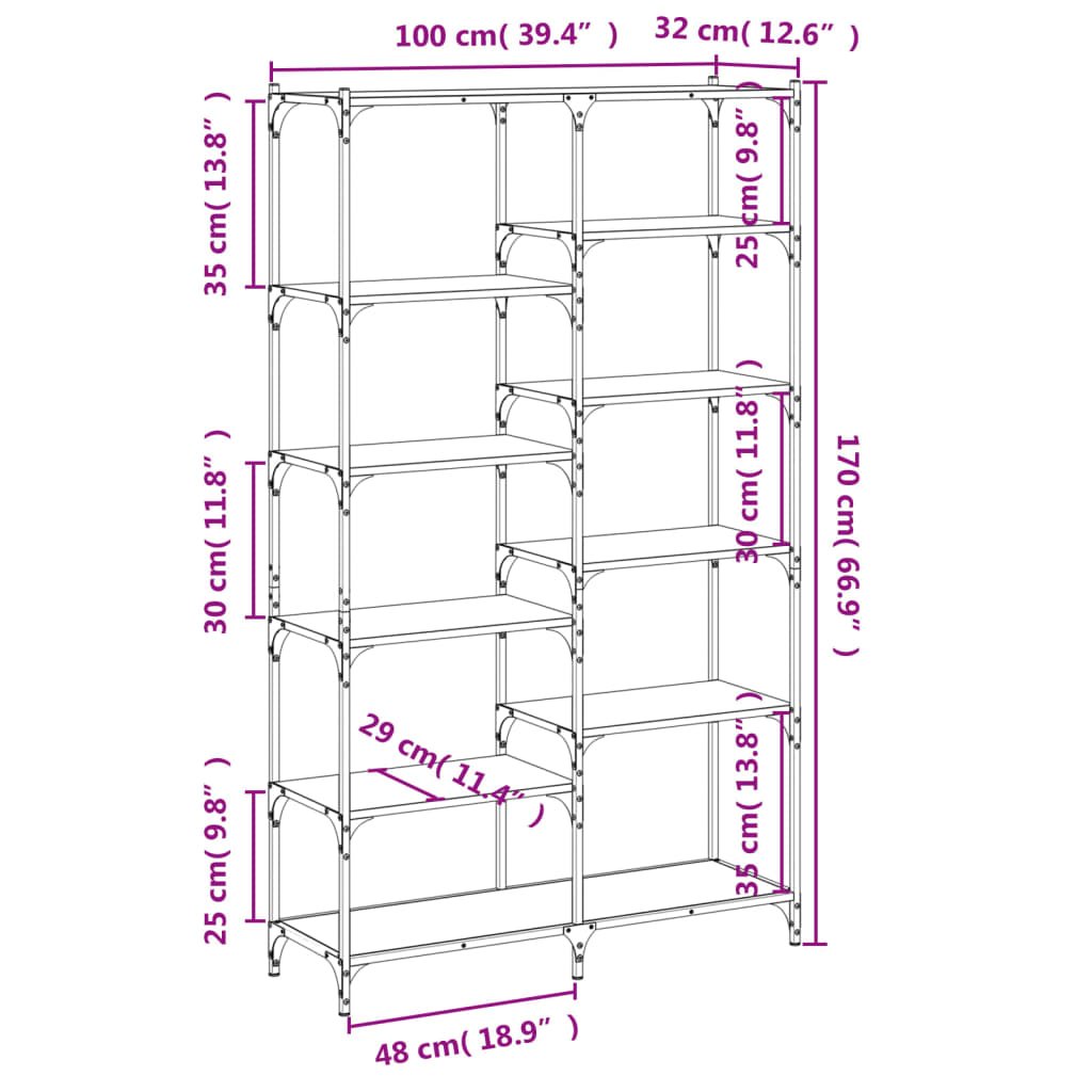 vidaXL Bokhylle svart 100x32x170 cm konstruert tre og jern