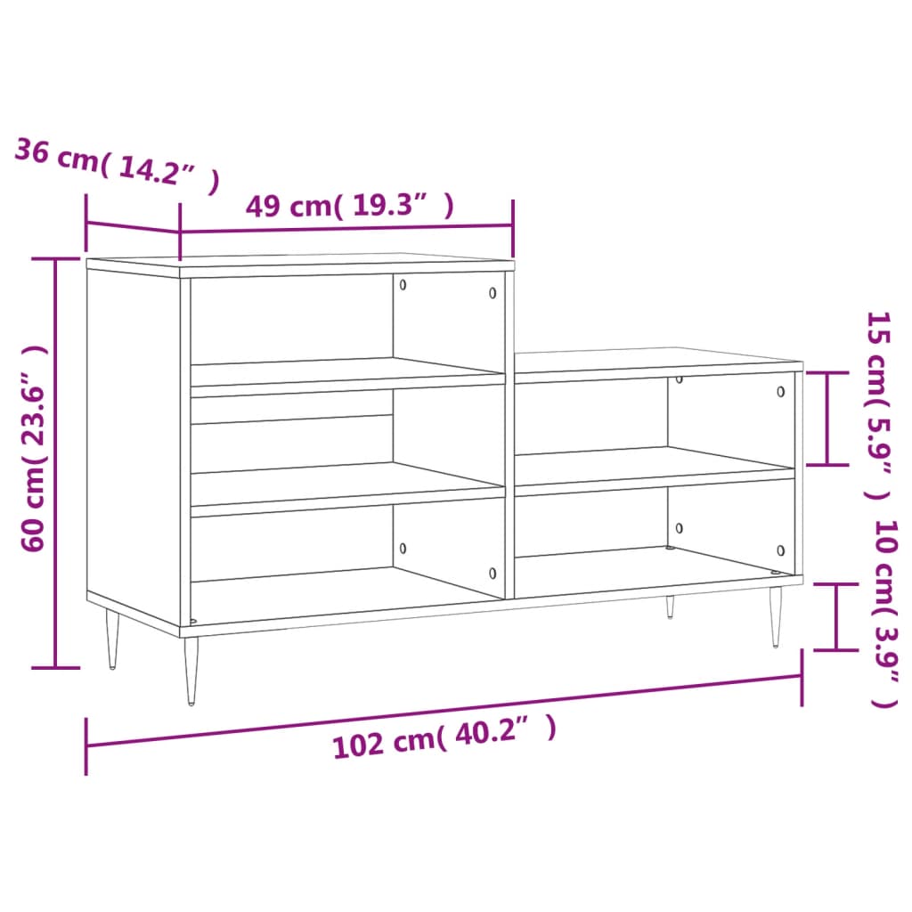 vidaXL Skoskap høyglans hvit 102x36x60 cm konstruert tre