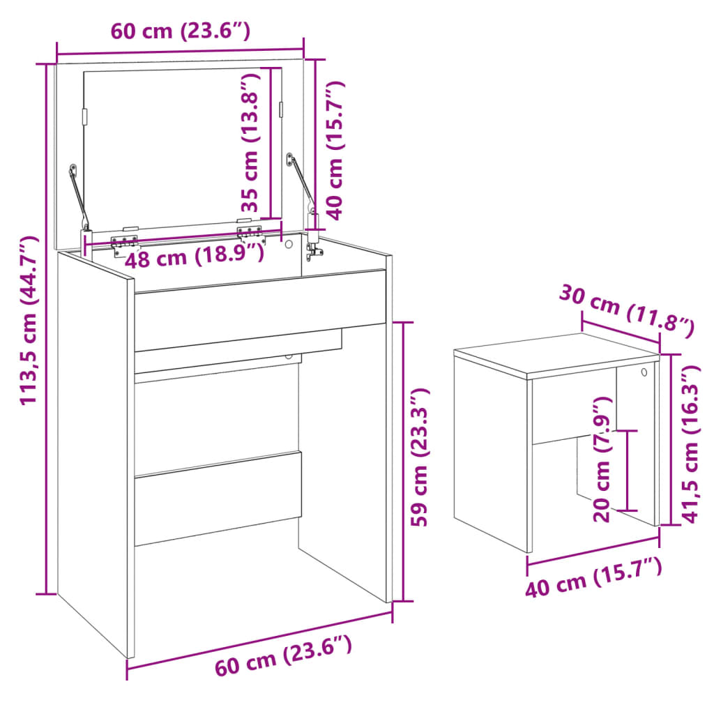 vidaXL Sminkebord med krakk hvit 60x40x113,5 cm