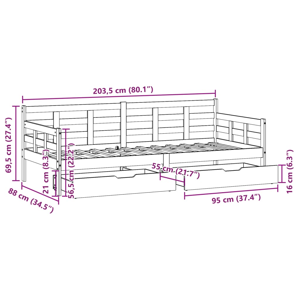 vidaXL Dagseng med skuffer hvit 80x200 cm heltre furu