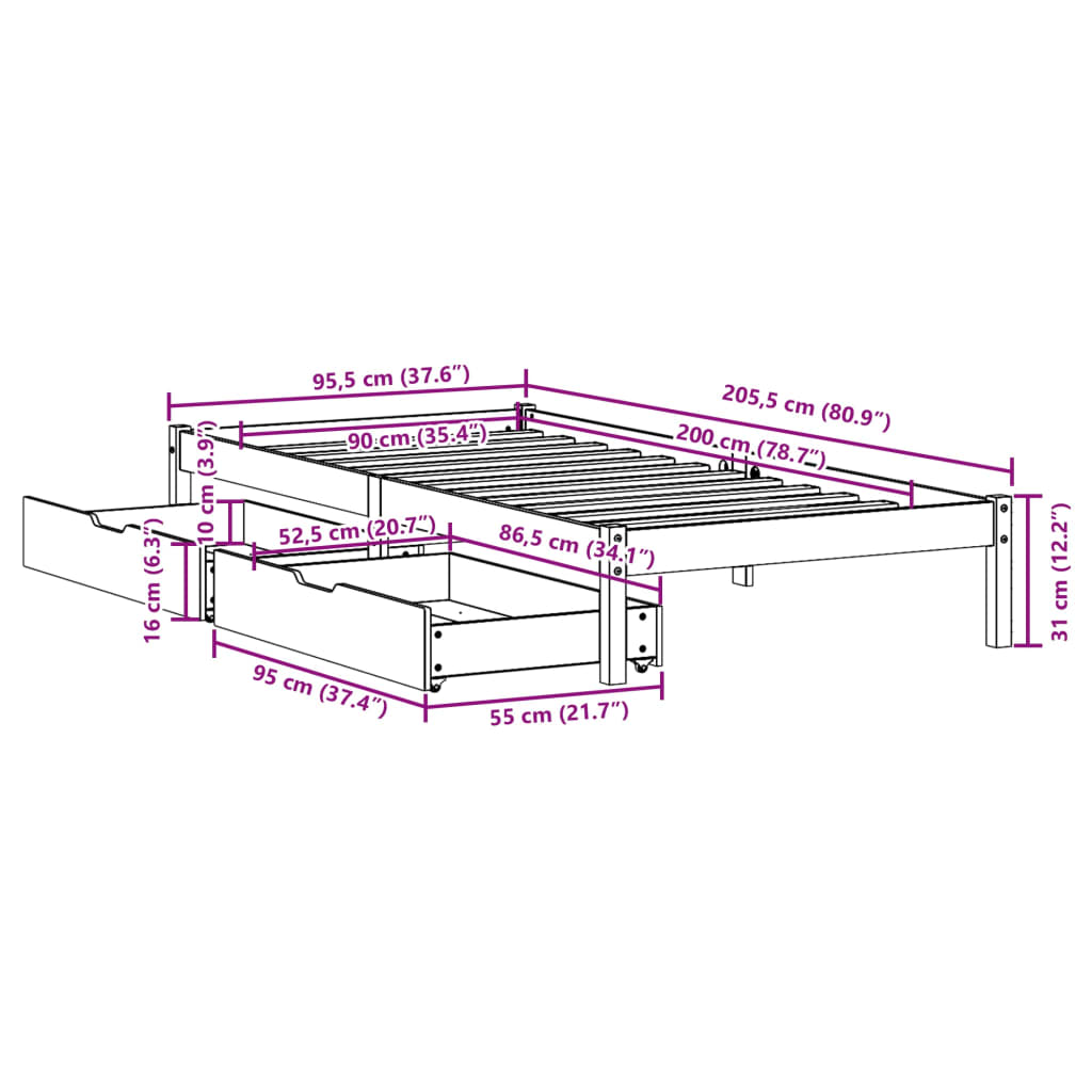 vidaXL Sengeramme uten madrass hvit 90x200 cm heltre furu