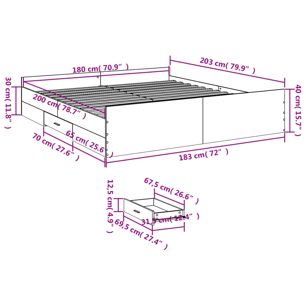 vidaXL Sengeramme med skuffer sonoma eik 180x200 cm konstruert tre