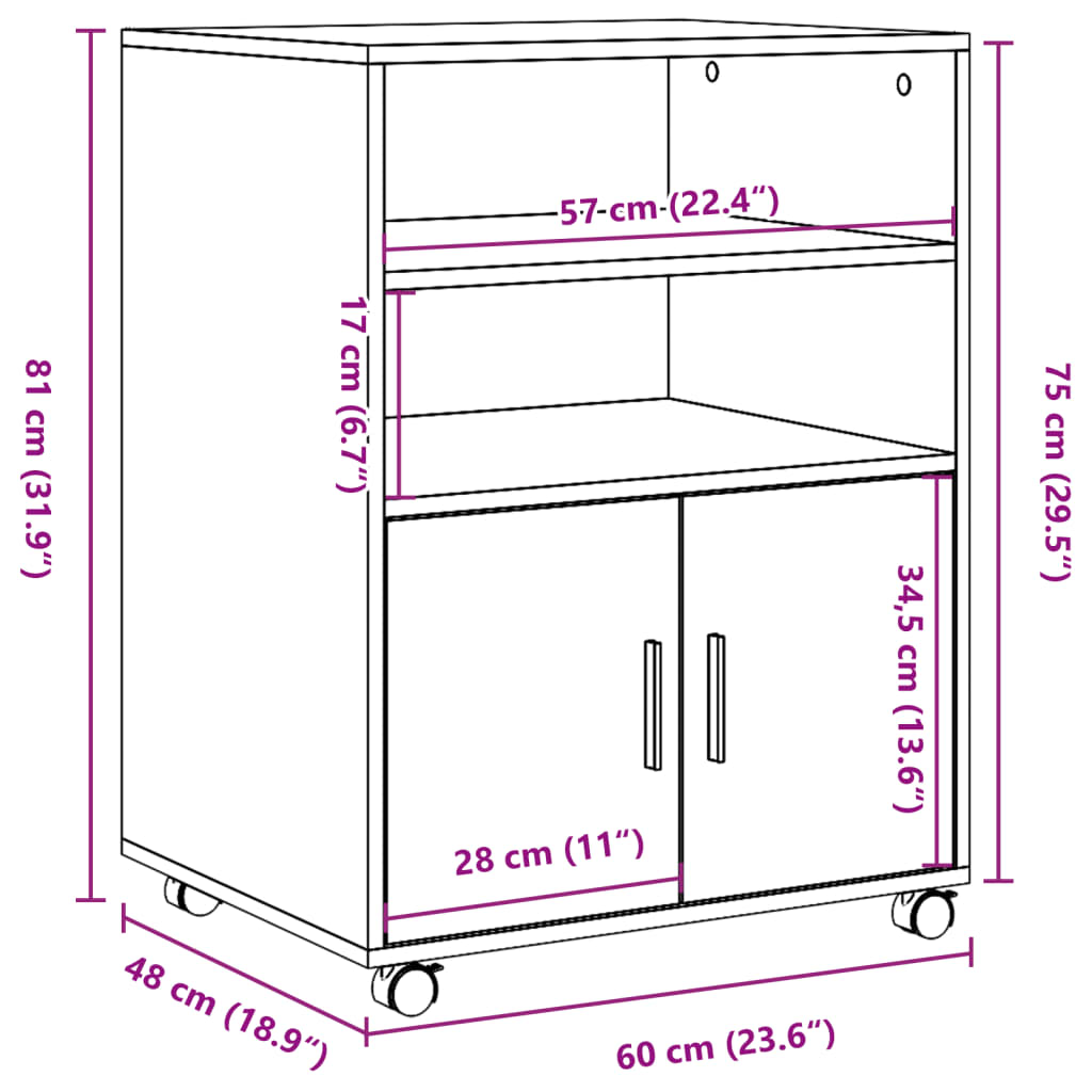 vidaXL Rulleskap svart 60x48x81 cm konstruert tre