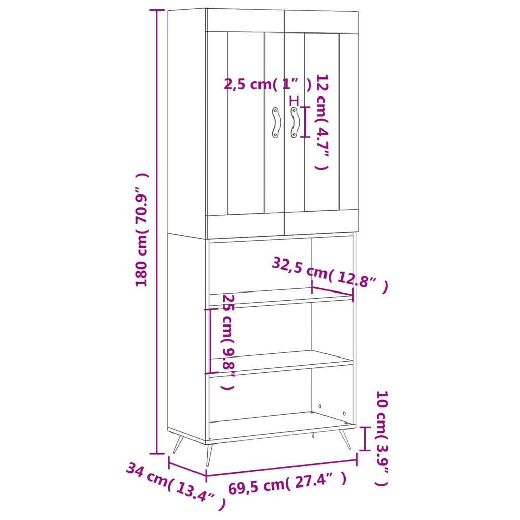 vidaXL Highboard røkt eik 69,5x34x180 cm konstruert tre