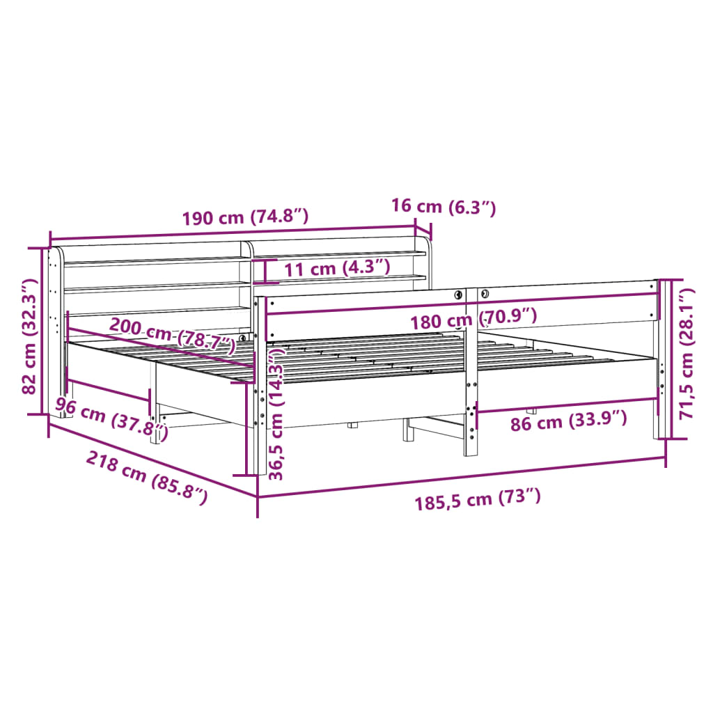 vidaXL Sengeramme uten madrass hvit 180x200 cm heltre furu