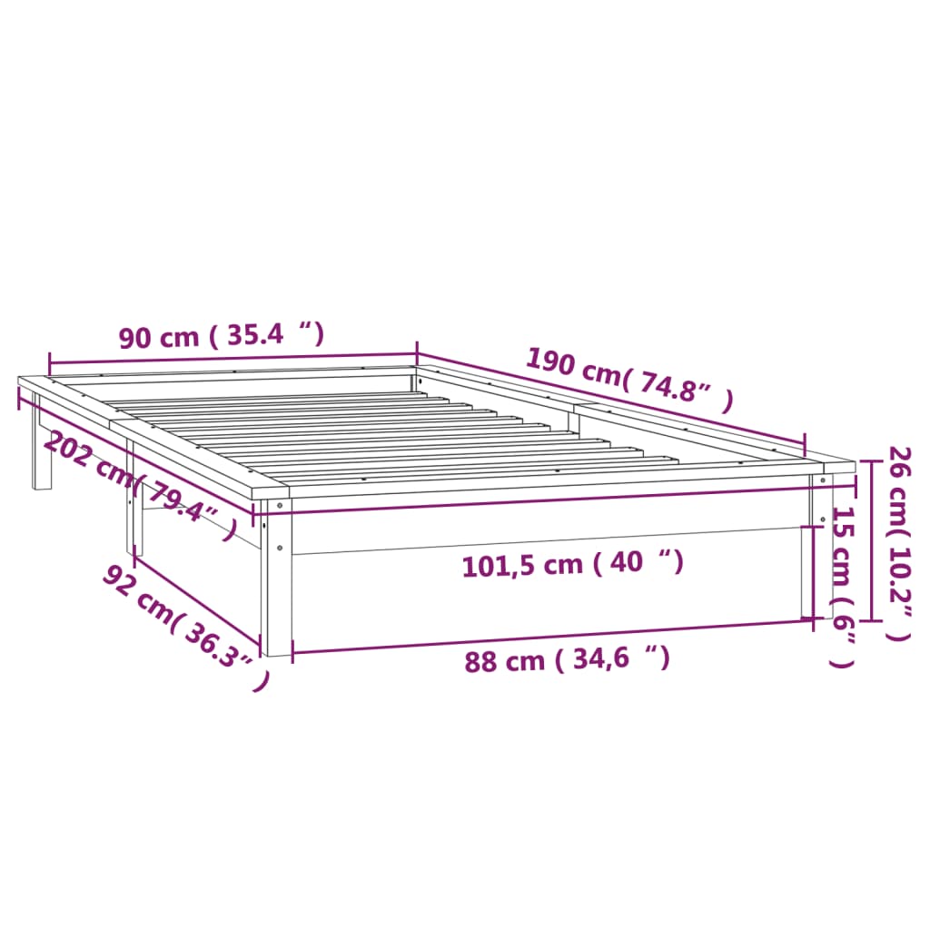 vidaXL Sengeramme med LED 90x190 cm Single heltre