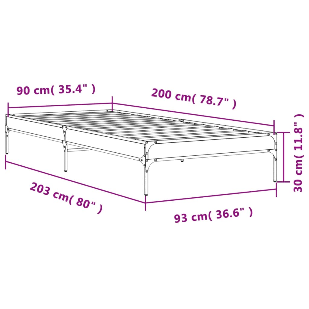 vidaXL Sengeramme røkt eik 90x200 cm konstruert tre og metall