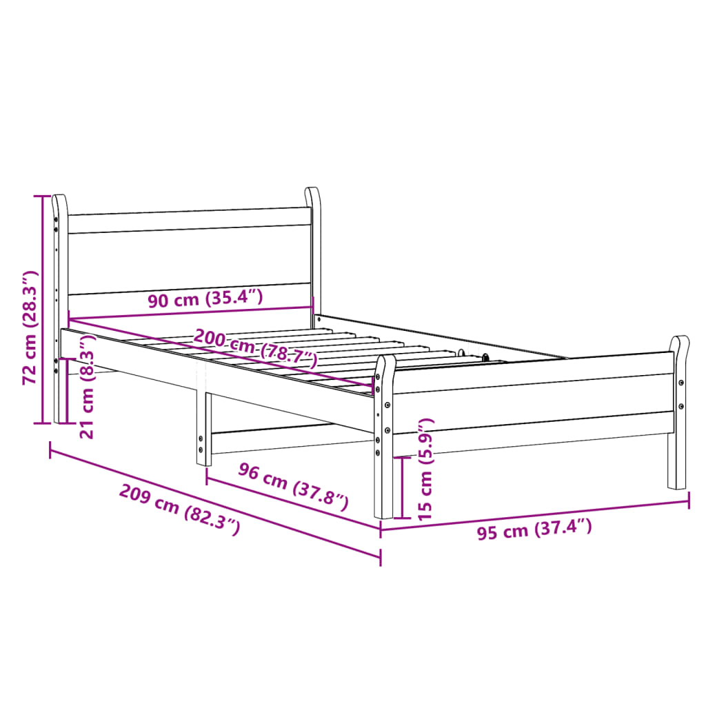 vidaXL Sengeramme uten madrass hvit 90x200 cm heltre furu