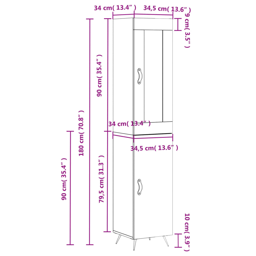 vidaXL Highboard brun eik 34,5x34x180 cm konstruert tre