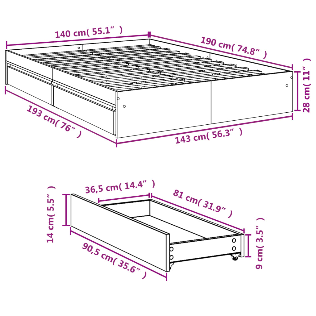 vidaXL Sengeramme med skuffer sonoma eik 140x190 cm konstruert tre