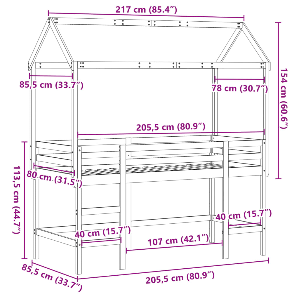 vidaXL Køyeseng med stige og tak 80x200 cm heltre furu