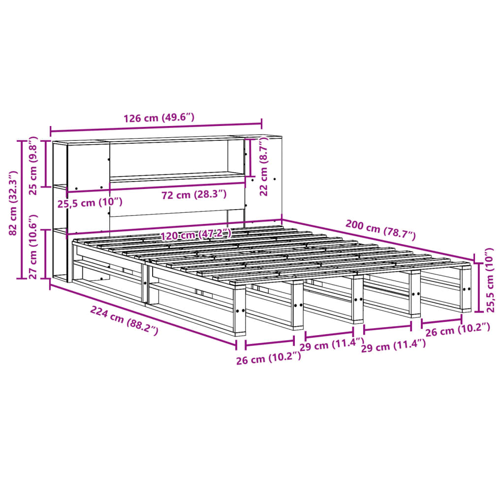 vidaXL Seng med bokhylle uten madrass hvit 120x200 cm heltre