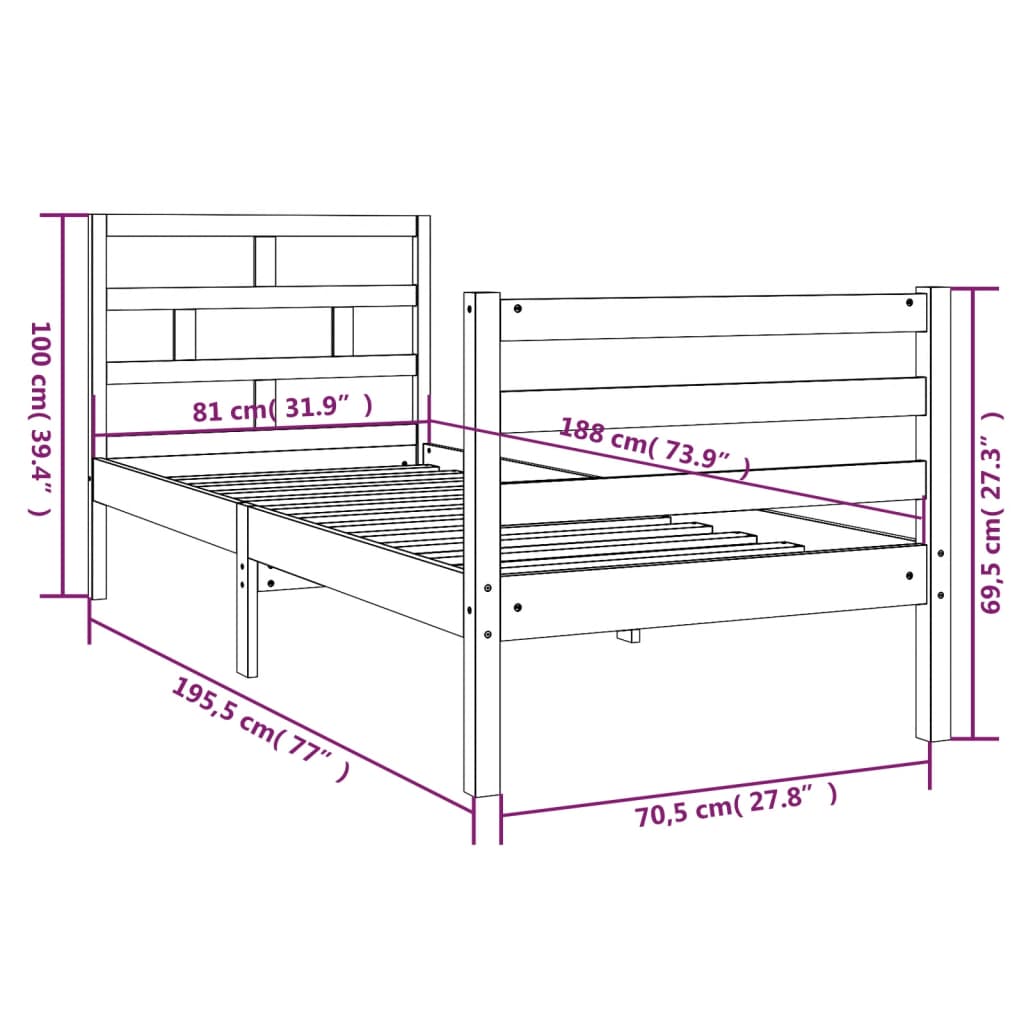 vidaXL Sengeramme svart 75x190 cm Small Single heltre