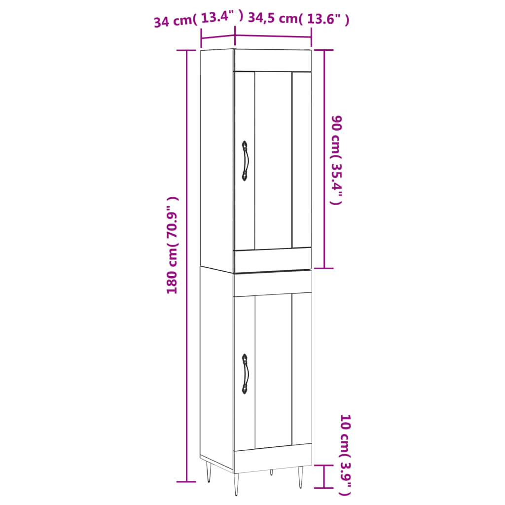 vidaXL Highboard grå sonoma 34,5x34x180 cm konstruert tre