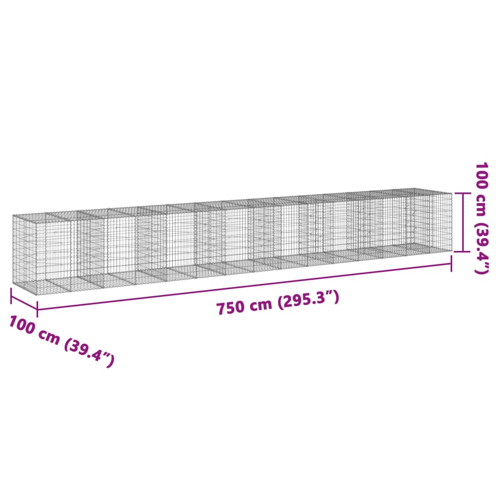 vidaXL Gabionkurv med deksel 750x100x100 cm galvanisert jern