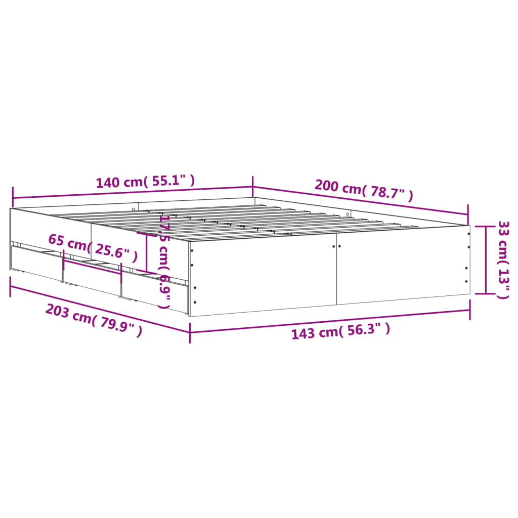 vidaXL Sengeramme med skuffer sonoma eik 140x200 cm konstruert tre