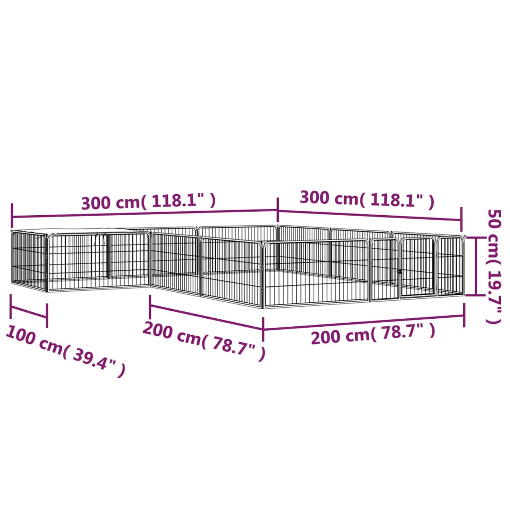 vidaXL Hundegrind med 12 paneler svart 100x50 cm pulverlakkert stål