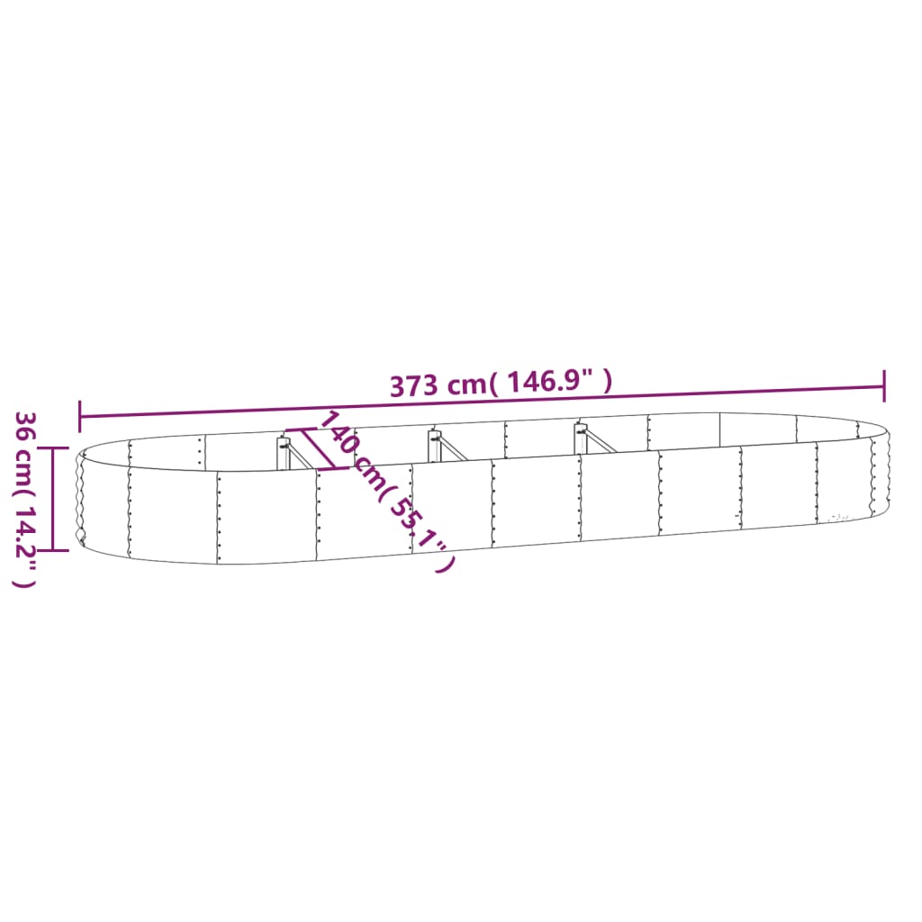 vidaXL Høybed pulverlakkert stål 373x140x36 cm grå