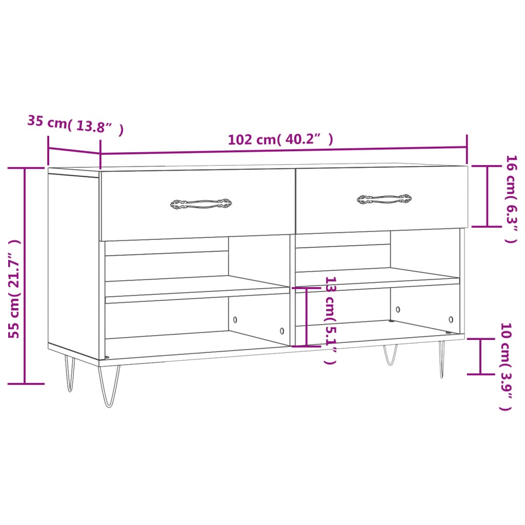 vidaXL Skobenk hvit 102x35x55 cm konstruert tre